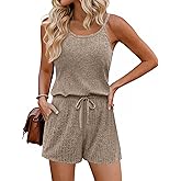 Ekouaer Rompers for Women Summer Casual 2026 Sleeveless Scoop Neck Ribbed Adjustable Shorts Jumpsuit with Pockets