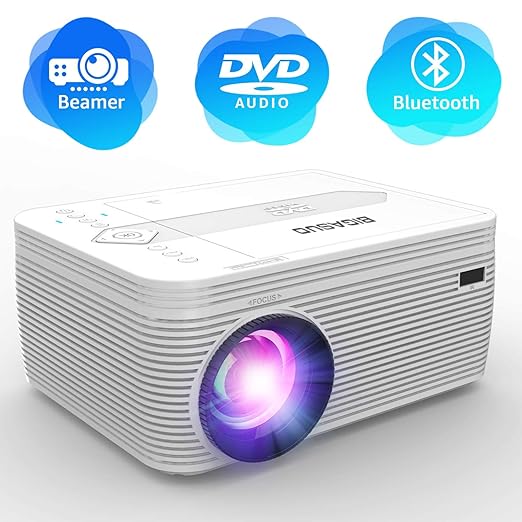 BIGASUO Video Beamer, Tragbarer DVD Player Beamer Mini, 55.000 Stunden Home Cinema Bluetooth Beamer mit 1080p Full HD,kompati