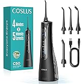 COSLUS C50 Portable Water Flosser for Teeth: 4 Modes & 5 Intensity Levels Professional Electric Dental Pick for Sensitive Gums, Braces & Orthodontic - Cordless for Travel Use, for Adults, BPA-Free