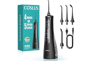 COSLUS Portable Water Flosser for Teeth: 4 Modes & 5 Intensity Levels Professional Electric Dental Pick for Sensitive Gums, Braces & Orthodontic - Cordless for Travel Use, for Adults, BPA-Free, Black