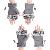 ITODA Suede Women Fingerless Gloves Faux Fur Warm Wrist Half Finger Driving Texting Winter Fuzzy Cold Weather Warmer Mitten