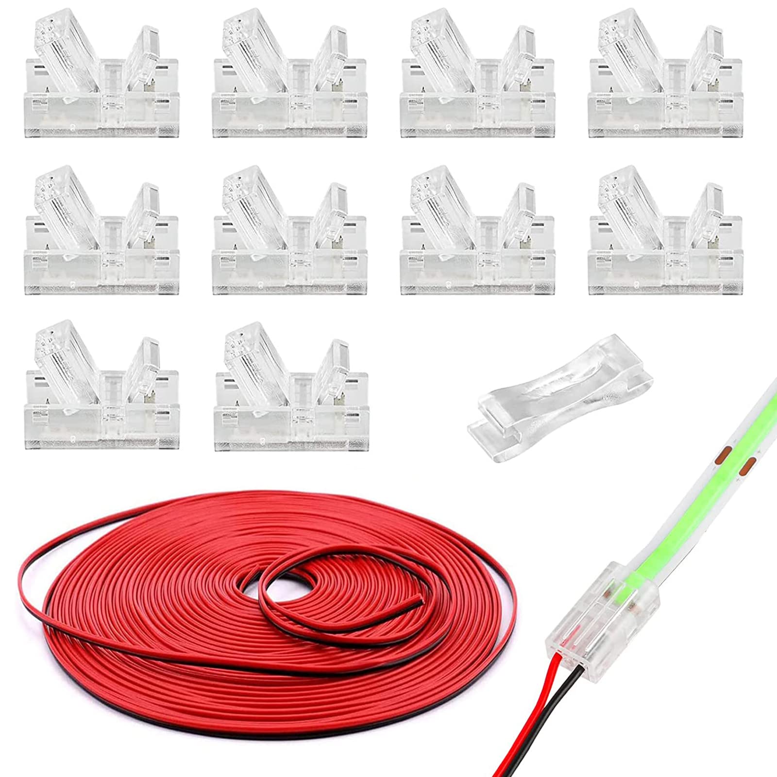 HOMELYLIFE 10 Pack 2 Pin 8mm COB LED Strip Connectors Soldless with 16.4ft Extension Cable, Strip to Wire Quick Connection for 8mm Width COB LED Strip Lights — image 1