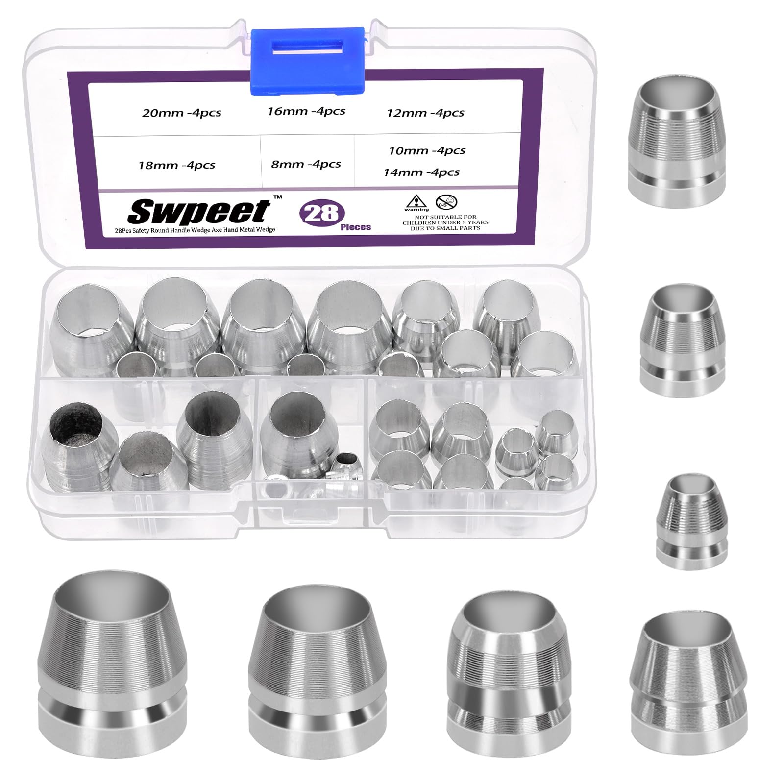 Swpeet 28Pcs 7 Sizes Zinc Plated Safety Round Handle Wedges Assortment Kit, Hammer Handle Splitting Wedge, Metal Conical Axe Handle Wedges, Mauls Handle Wedge for Axe Claw Hammer
