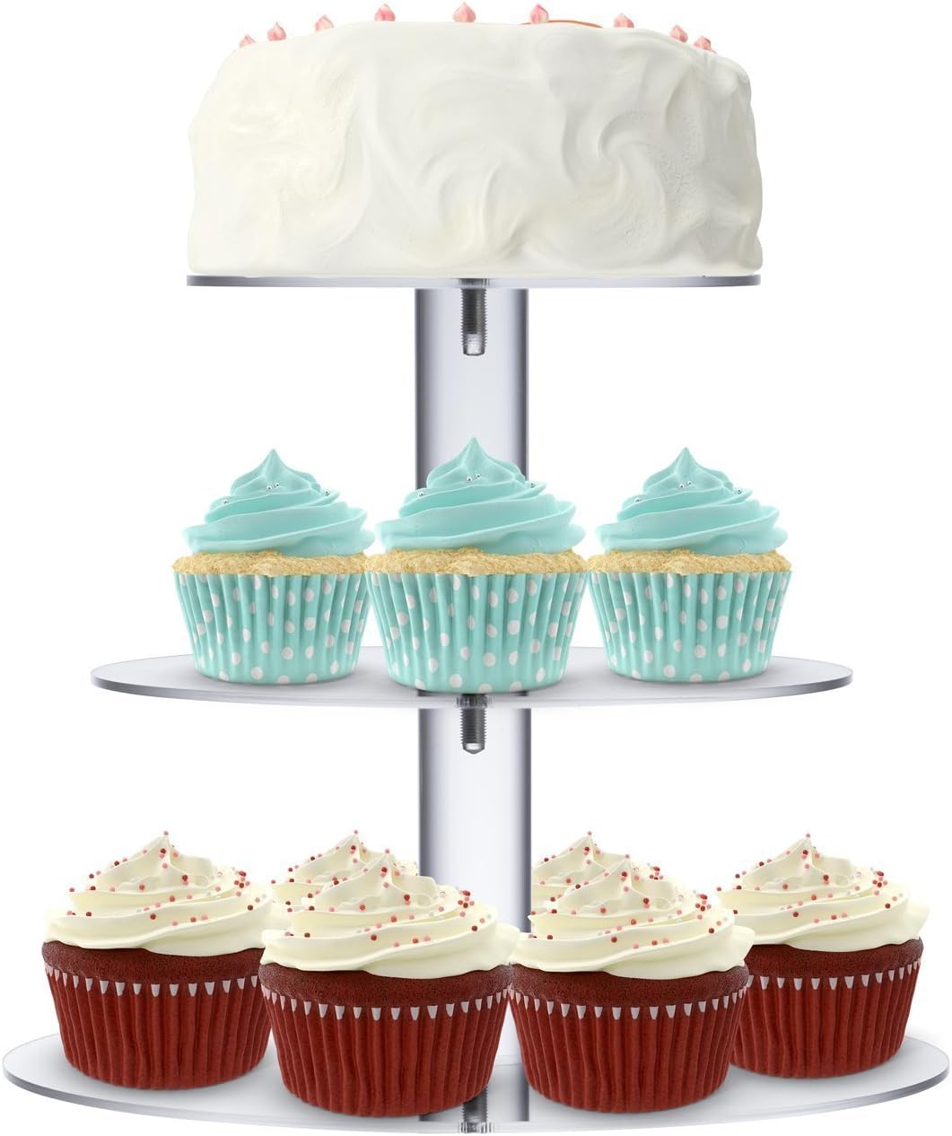 Utenlid Acrylic 3-Tier Round Stacked Party Cupcake Stand with Stable Screw-On Pillars - Tiered Cupcake Stand/Cupcake Tower