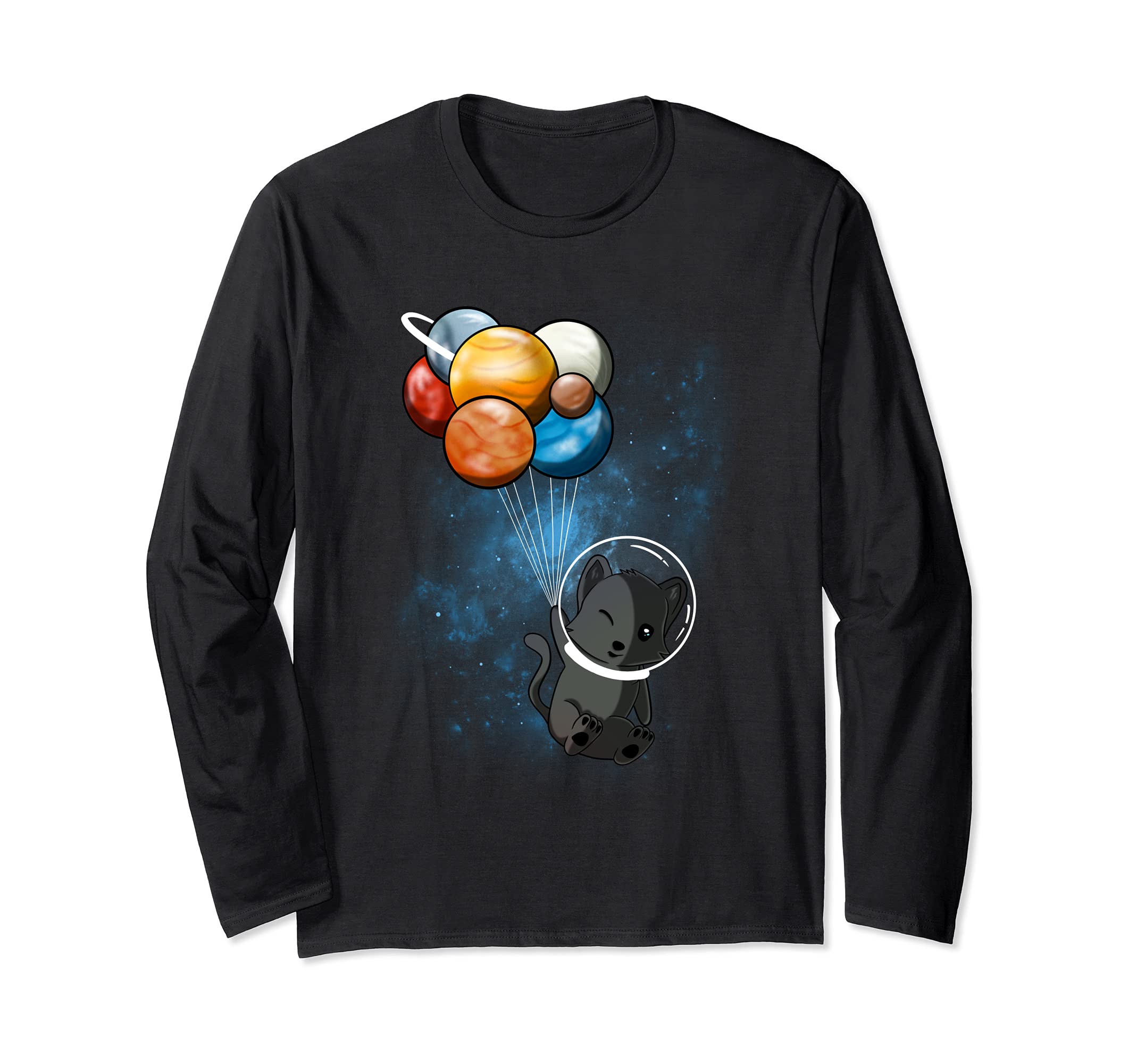 Funny Outer Space Cat Balloon Planets Space Travel Universe Long Sleeve T-Shirt