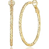 KFERAXSZ 14K Gold Hoop Earrings for Women 14K Gold Earrings for Women Gold Hoop Earring for Womens Hoops Unique Carved Texture Hoops Earring for Womens 40mm