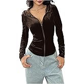 SOLY HUX Women's Zip Up Hooded Velvet Jacket Drawstring Long Sleeve Casual Fall Outerwear