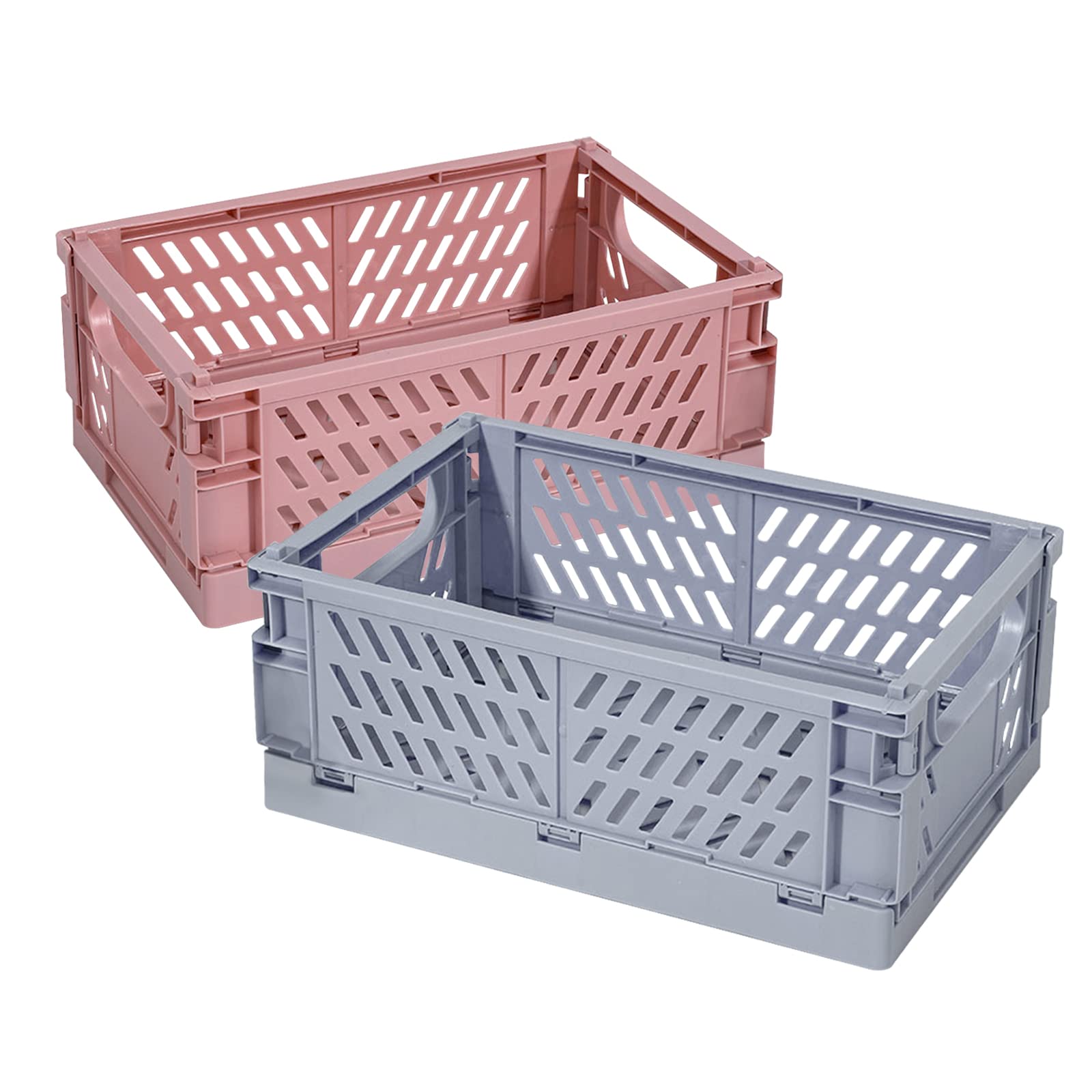 Klyuqoz Pastel Crates, 2 Pack Foldable Crate with Handles Storage Stacking Baskets, Desktop Plastic Storage Basket Large Size(9.8 X 6.3 X 3.8 in), for Home Kitchen Bedroom Office.Gray,Pink