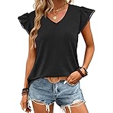 JUSTFASHIONNOW Womens Summer Ruffle Flutter Sleeve V Neck Tops, Soft Casual Striped Versatile Dressy Blouses