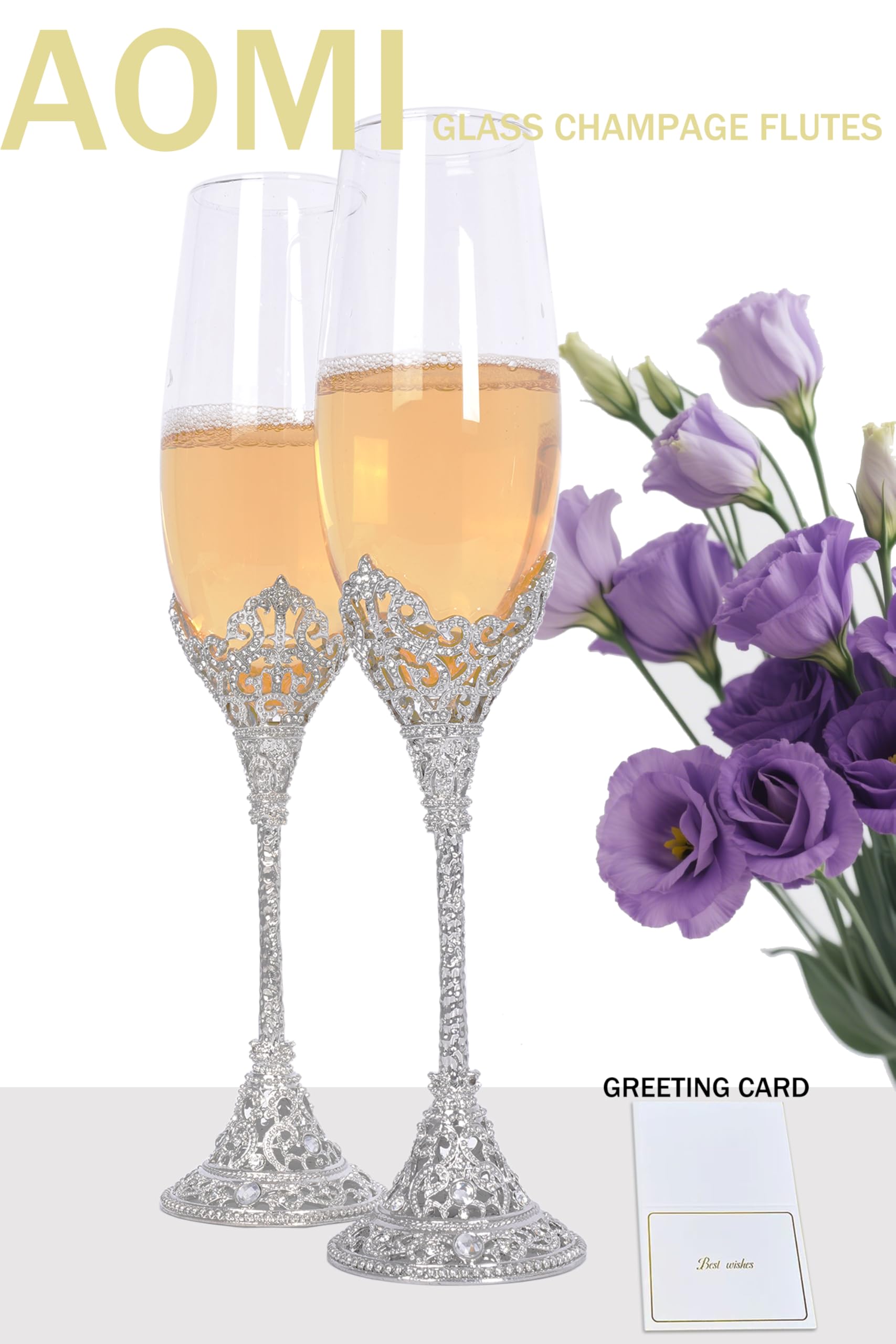 Wedding Champagne Flutes Toasting Glasses, Silver 7oz Toasting Flute Pair Crystal Metal Base with Sparkling Crystals for Wedding Anniversary Party Birthday Banquet and Gift for Bride Groom Giftboxed