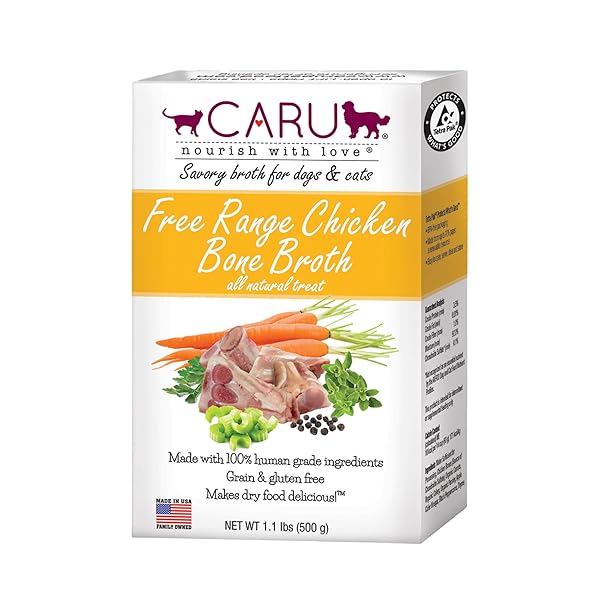 CARU FREE RANGE CHICKEN BONE BROTH FOR DOGS AND CATS, MOISTENS DRY FOOD OR POUR OVER FREEZE DRIED RAW FOOD, GRAIN AND GLUTEN FREE, NON-GMO INGREDIENTS (1.1 LBS)