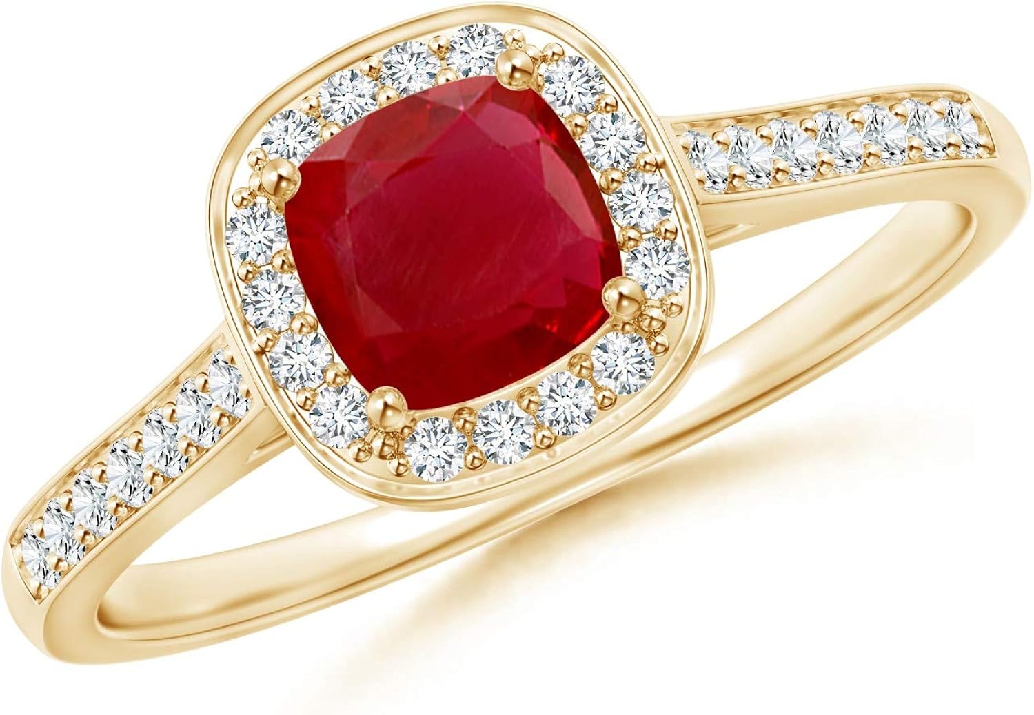 Classic Cushion Ruby Ring with Diamond Halo in 14K Yellow Gold (5mm