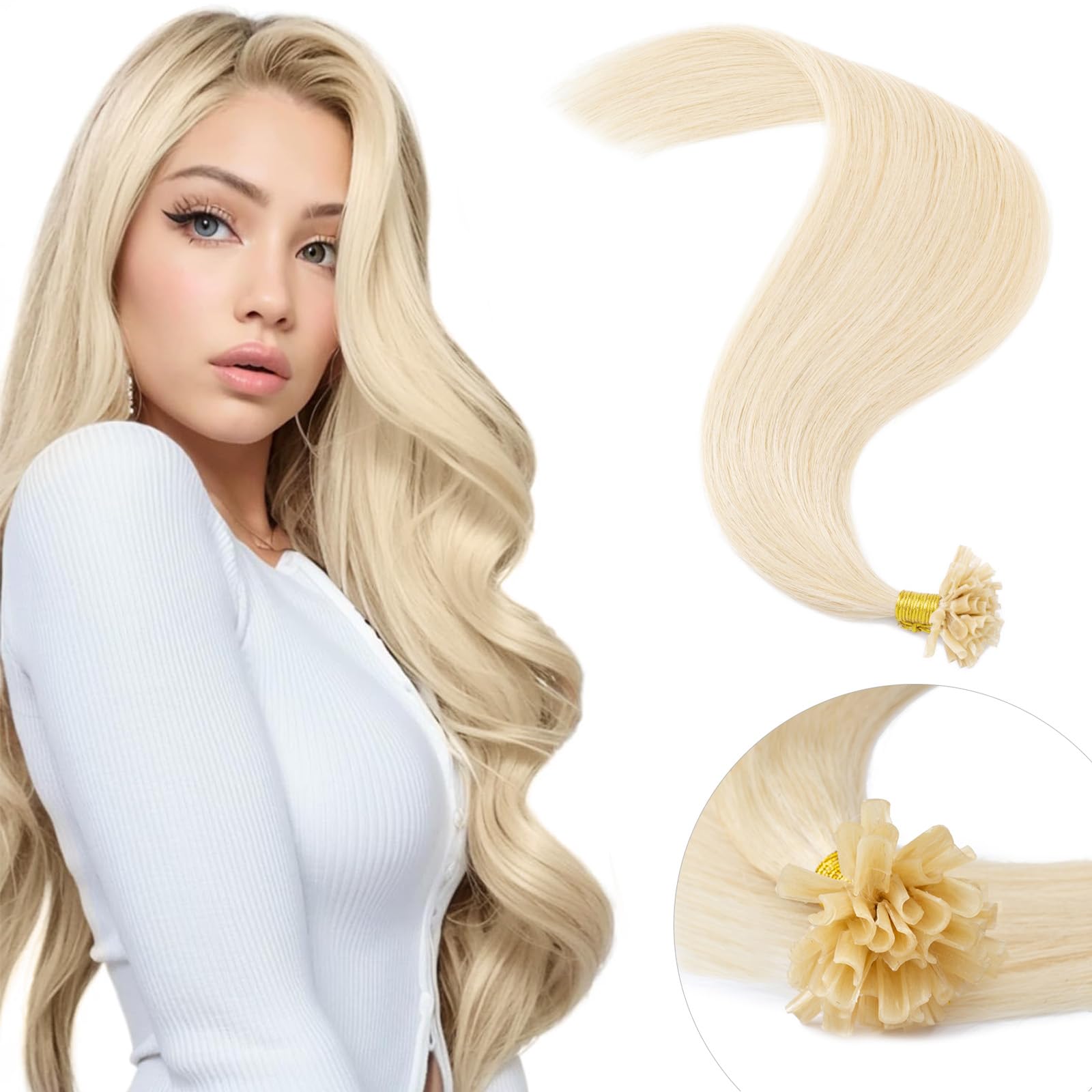 Elailite U Tip Pre Bonded Hair Extensions 1g Real Human Hair - Keratin Extension Remy Hair Straight - 50 Strands 50g (#60 Platinum Blonde, 14 Inch)