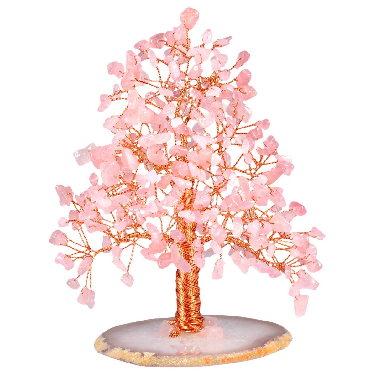 KYEYGWO Handmade Rose Quartz Crystal Money Tree for Good Luck Wealth Health, Figurine Bonsai on Natural Agate Slab 5"-5.9" High