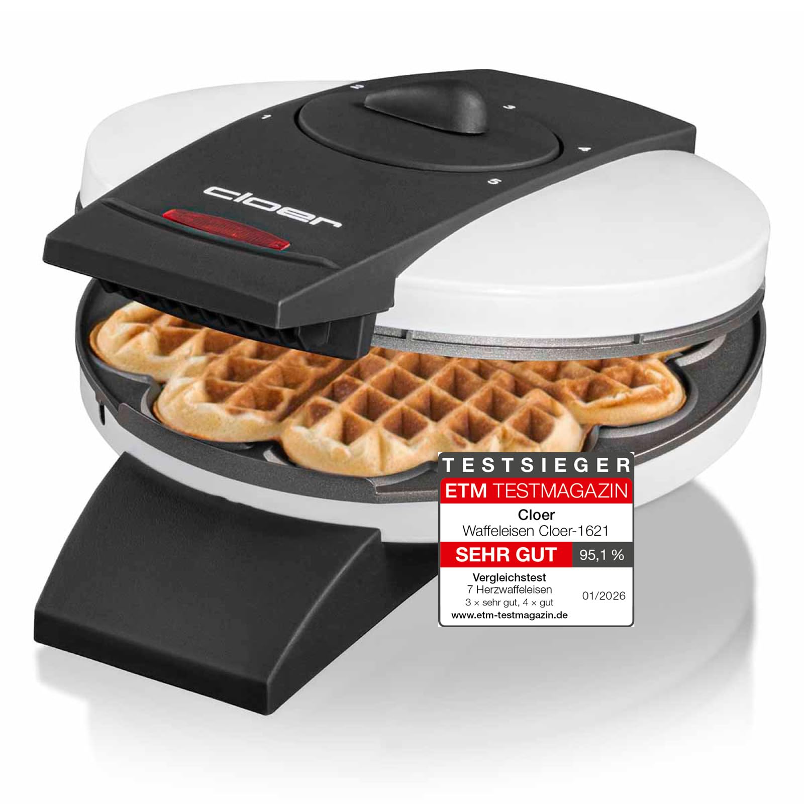 Cloer 1621 waffle maker for classic heart waffles, 930 W, waffle size 15.5 cm, infinitely selectable browning level, white, metal