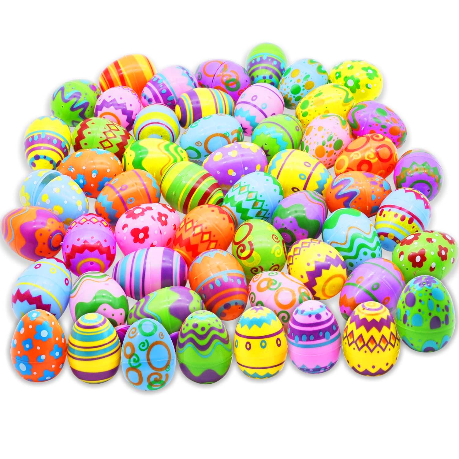 JOYIN 48 Pcs Plastic Printed Bright Easter Eggs 2.3" Tall for Easter Hunt, Basket Stuffers Fillers, Classroom Prize Supplies, Filling Treats and Party Favor