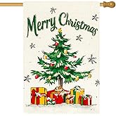 ARGOOFG Christmas Tree House Flag 28x40 Inch Double Sided Outside, Winter Snowflake Merry Xmas Holiday Gift Boxes Outdoor Large Garden Yard Porch Decoration