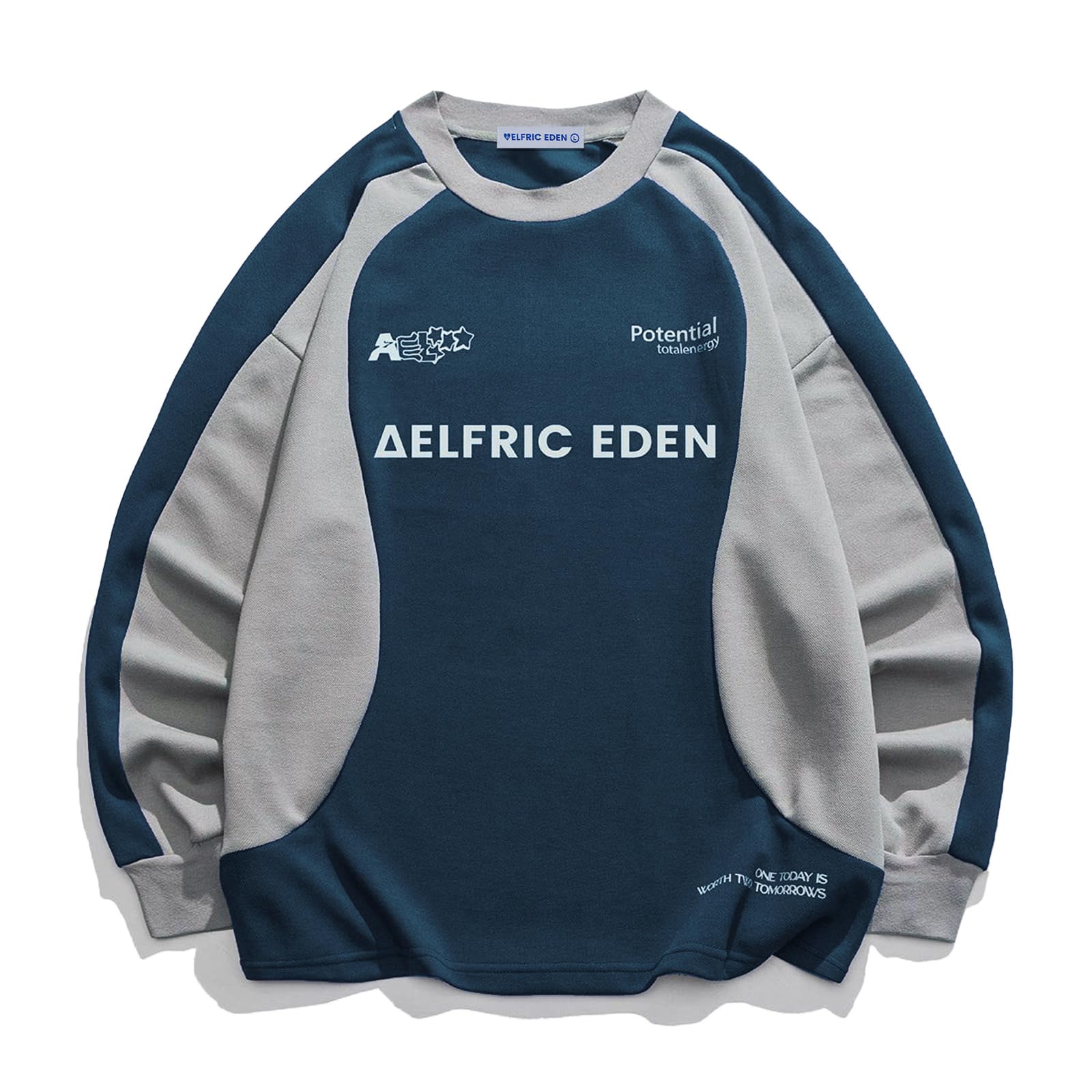 Photo 1 of Aelfric Eden Oversized Graphic Sweatshirt for Women Contrast Color Crewneck Long Sleeve Tops Casual Pullover Blue