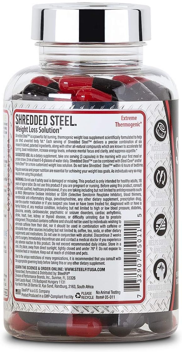 SteelFit Shredded Steel - Extreme Weight Loss Supplement - Thermogenic - Fat Loss - Energy - Boost Metabolism - Appetite Suppressant - Yohimbine - Teacrine - Paradoxine - 90 Count, 1 Month Supply: Health & Personal Care