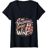 Women's Funny My Valentine Spirit is Wine V-Neck T-Shirt