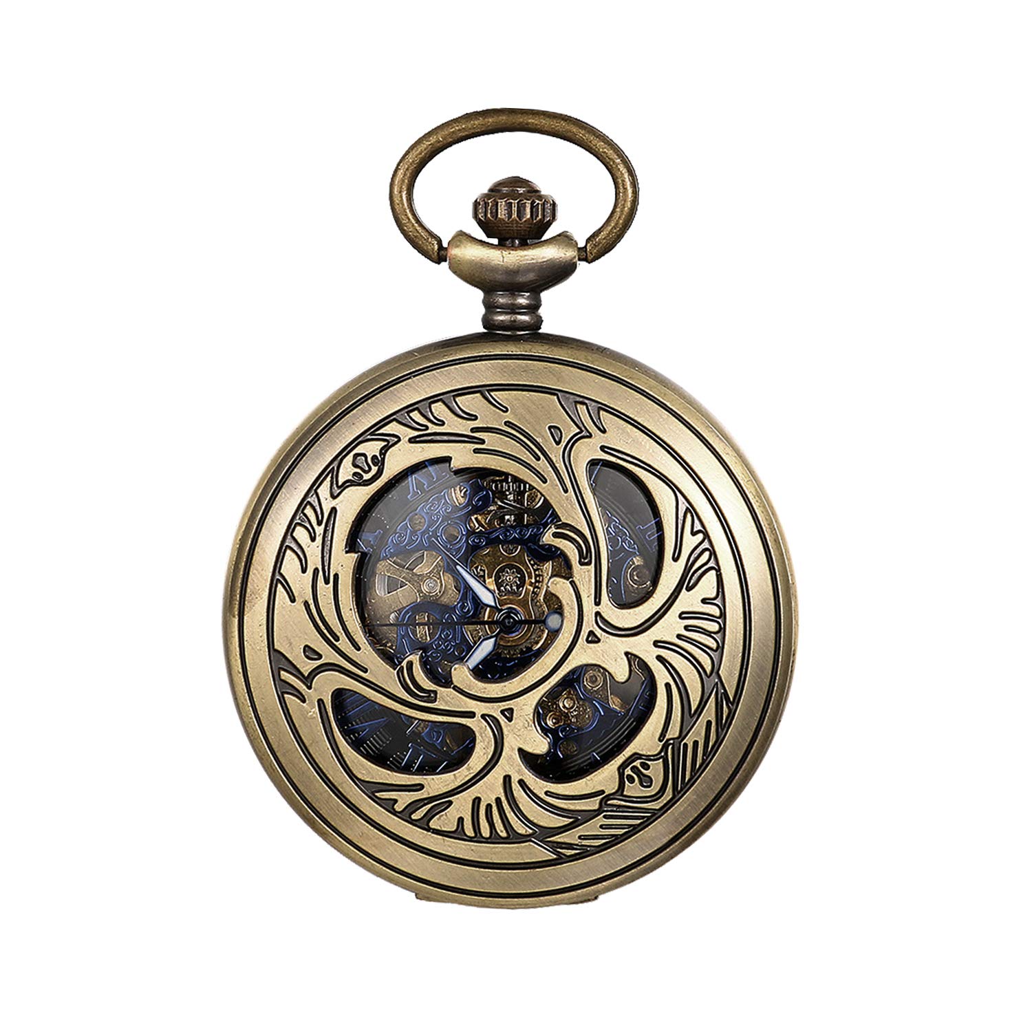 JewelryWe Mens Pocket Watch Automatic Mechanical Watch Classic Vintage Pendant Watch Bronze Steampunk Watch with Chain