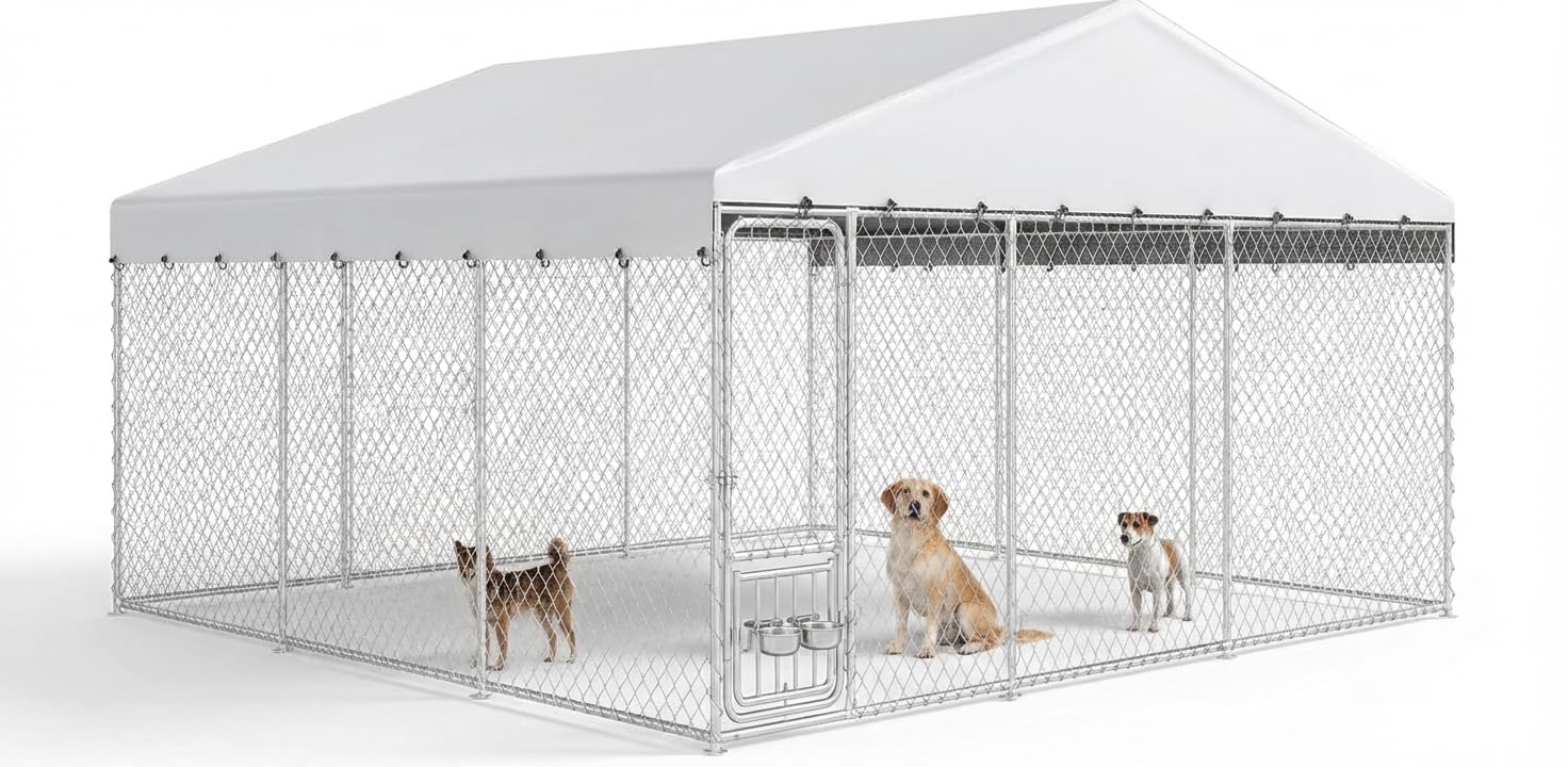 Photo 1 of ***MISSING BOX 2***
YITAHOME Outdoor Dog Kennel with Rotating Feeder Bowls & UV-Resistant Waterproof Cover, 14.8×14.8×7.9FT Outside Dog Enclosure for Yard, Heavy Duty Dogs Cage for Medium Large Dogs