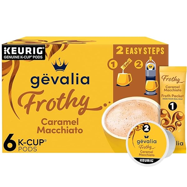 GEVALIA FROTHY 2-STEP CARAMEL MACCHIATO ESPRESSO K-CUP COFFEE PODS & FROTH PACKETS KIT, 6 CT BOX