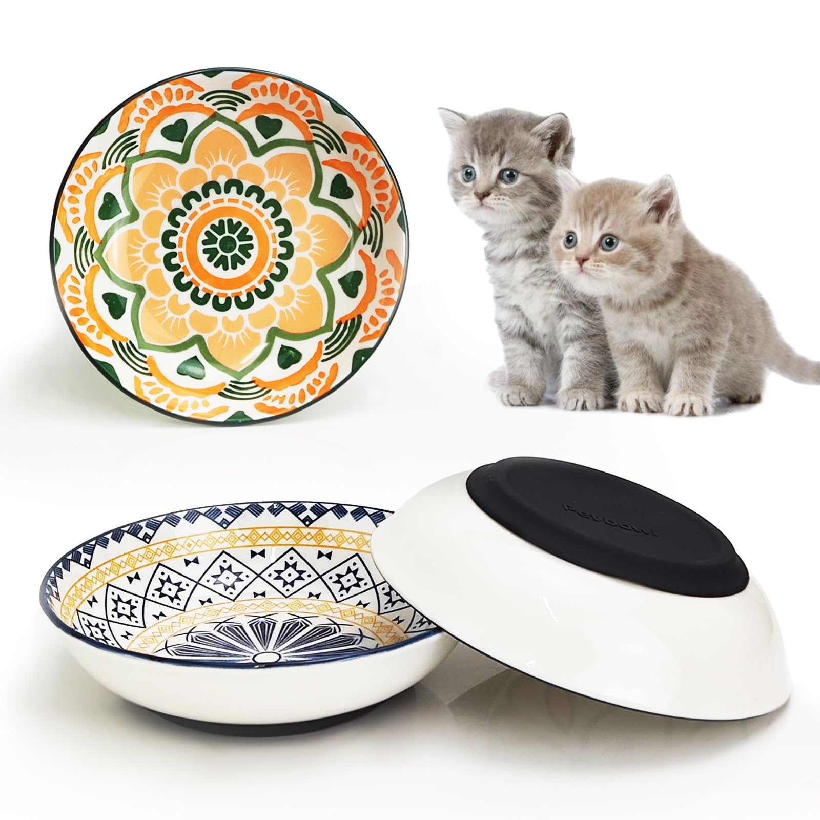Photo 1 of 3Pcs Ceramic Cat Food Bowls, 5.5 Inches with Nonslip Silicone Bottom, Anti Whisker Fatigue Plates for Indoor Kittens, Wide Shallow Dishes for Dry and Wet Food