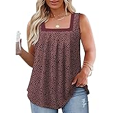 VISLILY Plus-Size-Tank-Tops for Women Summer Trendy Pleated Square Neck Tunics Casual Leopard Printed Sleeveless Shirts