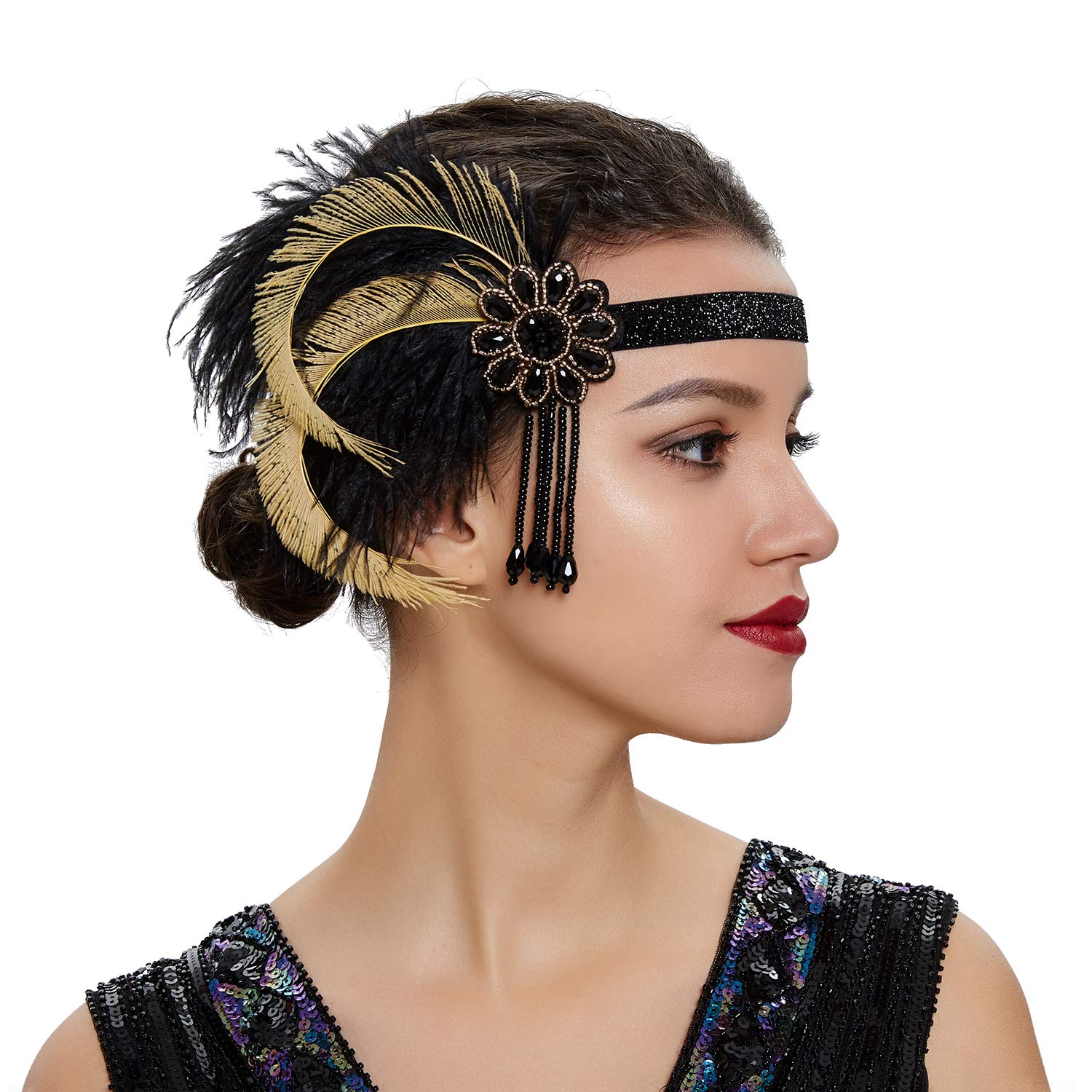 Vxecy 1920s Gatsby Flapper Feather Headband Roaring 20s Accessories Great Gatsby Hair Accessories for Women (Yellow)