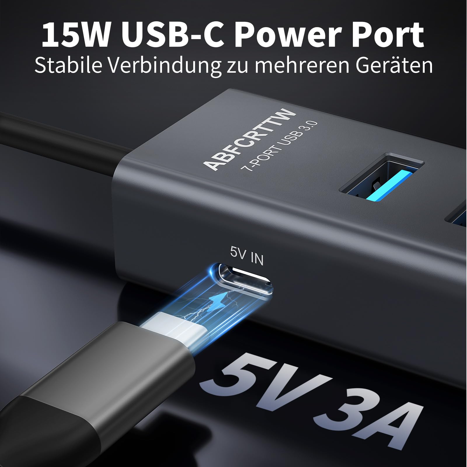 7-Port USB Hub 3.0 mit 120cm Kabel für Desktop, Aluminium USB Verteiler 5Gbps Multiport Adapter Splitter mit 5V 3A Type-C Port für PC, Laptop, MacBook, U-Disk, Maus 5