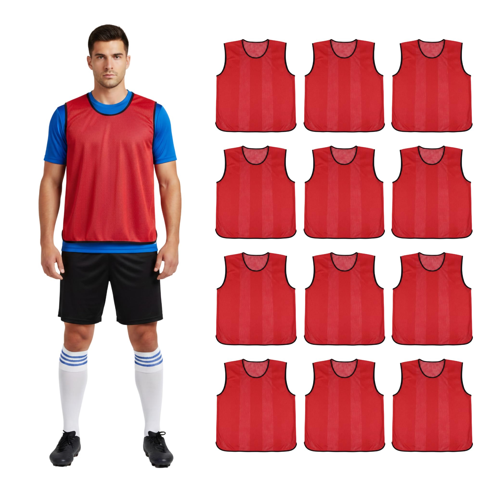 12 X Sports Training Bibs Football Netball Rugby Hockey Cricket Volleyball Pinnies Scrimmage Vests Soccer Sports Club + Carry bag (Red, Senior (L-XL, 48" Chest))