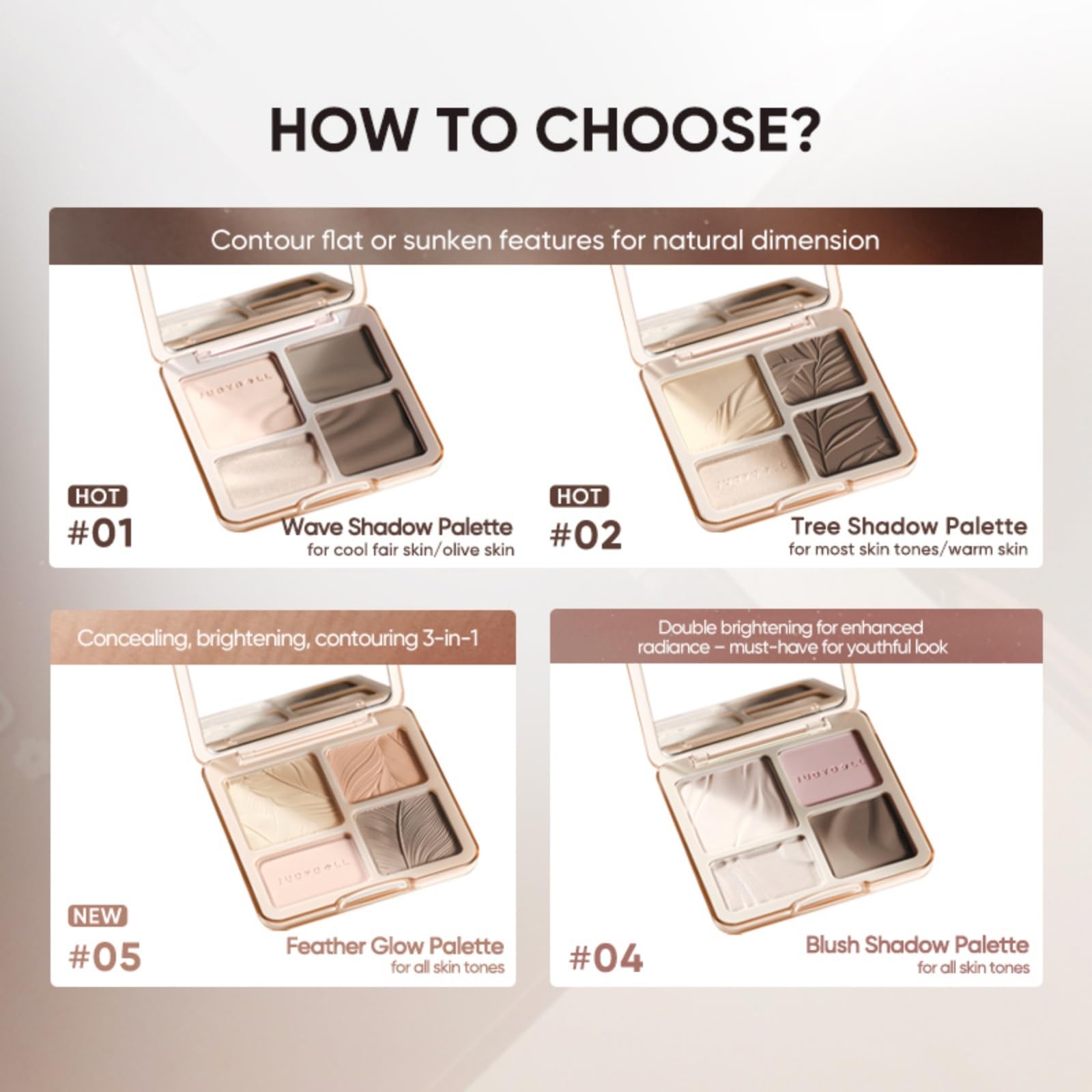 JUDYDOLL Highlight & Contour Palette, All-in-One Matte Highlighter Contour Compact, Blendable Face Makeup for Beginners, for Warm Skin Tone, Stocking Stuffers (02 Tree Shadow Palette)