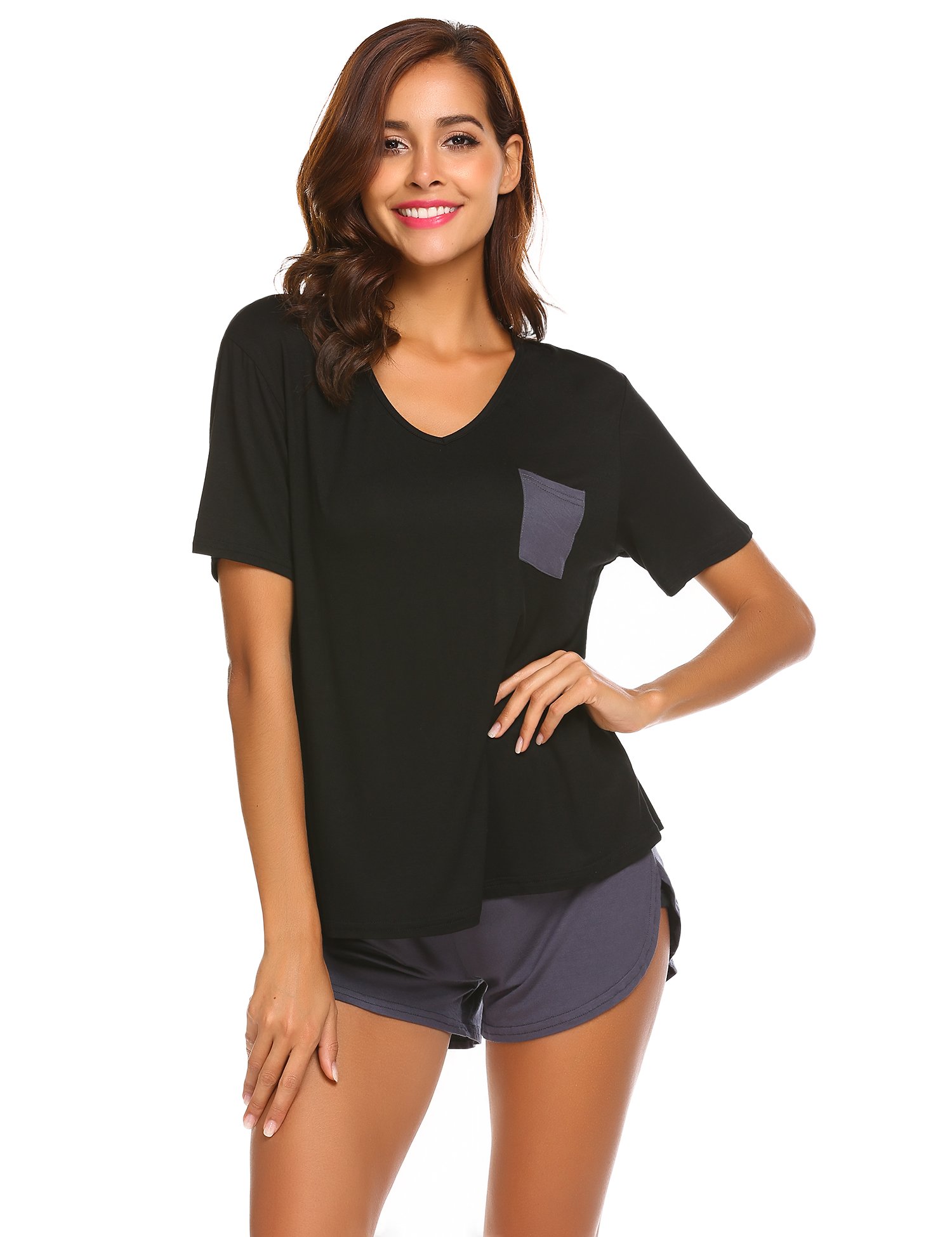 Ekouaer Womens Pajama Set Short Sleeve PJ Nightgown Sleepwear,Black,Large