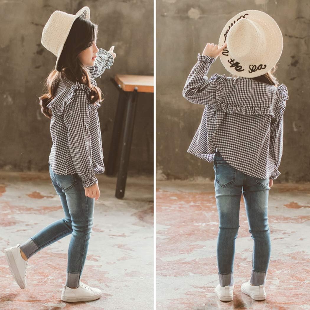 Colorful Childhood Girls Plaid Shirt Casual Long Sleeve Loose Fit Blouse Ruffles Tops: Clothing