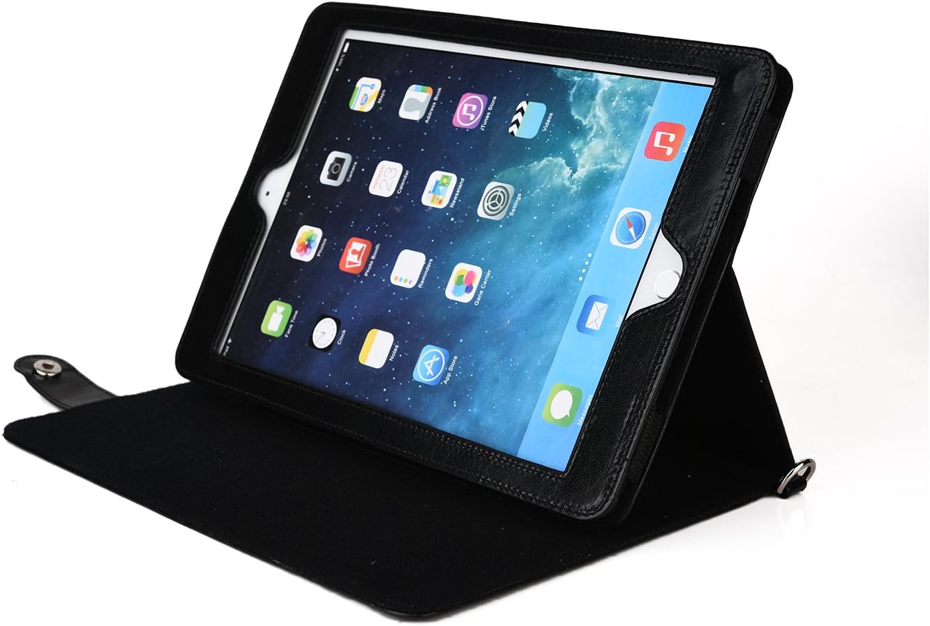 Sherpa Magnetic Folio Case for Apple iPad Air 2 with Shoulder Strap in Midnight Black (Vintage Grain Faux-Leather, Adjustable Shoulder Strap, Sleep/wake Cover, Stand Function w/Multiple Angles)