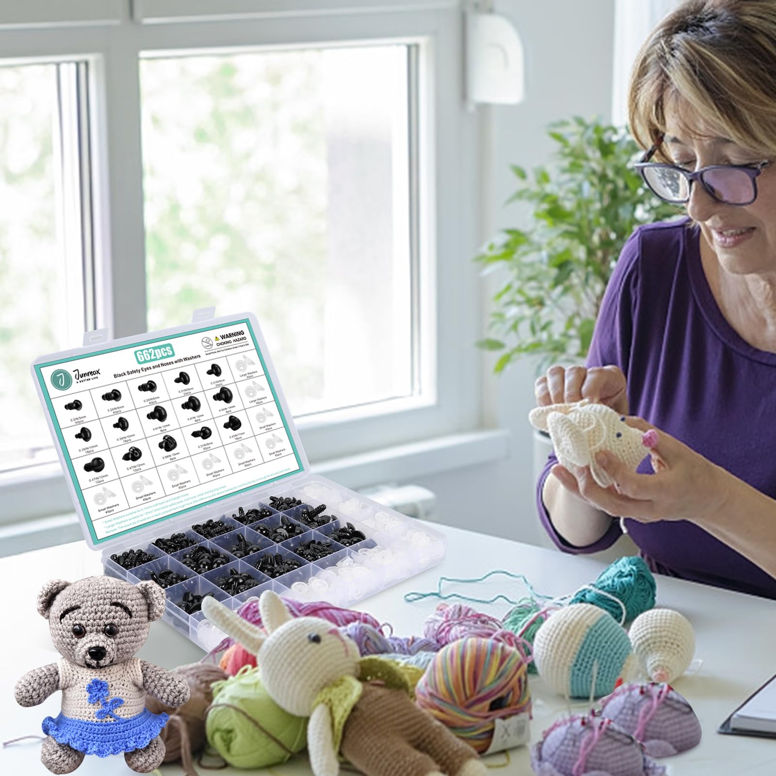 662Pcs Safety Eyes and Noses for Amigurumi, Junreox Preimum 5-14mm Safety Eyes for Crochet Stuffed Animals, Assorted Plastic Crochet Craft Eyes with Washers for Teddy Bear, Dolls, Plushies Toys, Black