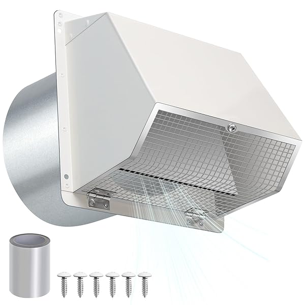 12 INCH HOODED WALL VENT WITH SCREEN AND DAMPER, OUTDOOR WALL EXHAUST VENT COVER CAP FOR DUCT DRYER RANGE HOOD EXTERIOR HEATING COOLING VENTILATION AND OUTSIDE AIR EXHAUST, GALVANIZED STEEL, WHITE