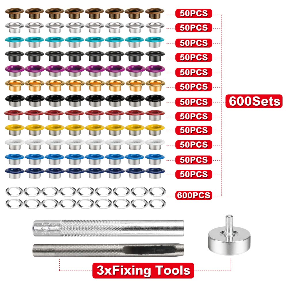 Metal Eyelets, 600Pcs 12 Colors 3/16 inch Metal Grommets Kit, Multi-Color Grommets Kit, Metal Eyelets Set with 3 Pieces Installation Tool and Storage Box for DIY Shoes Clothes Crafts Bag