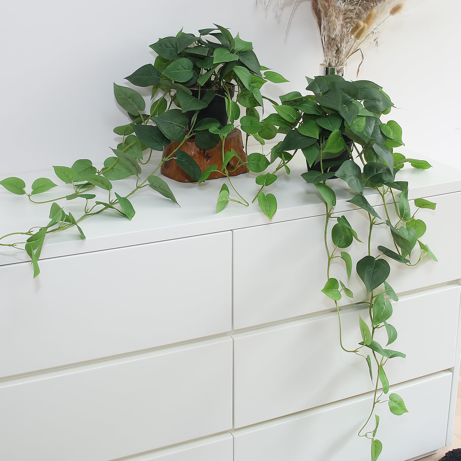 Photo 1 of Fake Pothos Hanging Plants – Set of 2 Faux Ivy Vines with Pots, Realistic Silk Devil’s Ivy for Indoor Décor, Low Maintenance Artificial Greenery for Home or Office (Green)