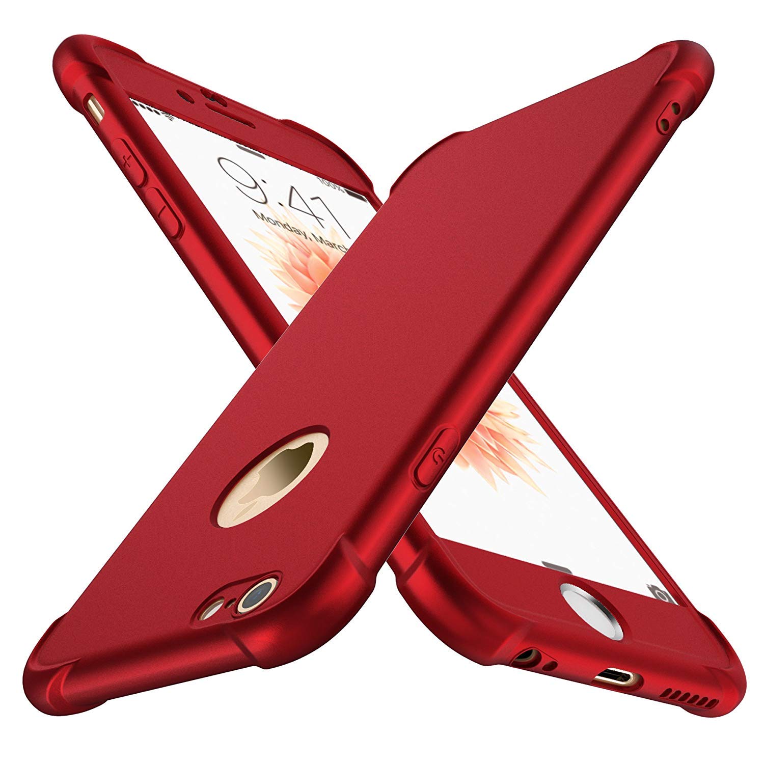 ORETECH Compatible with iPhone 6/6s Case with [2 Pack 9H Tempered Glass Screen Protector] 360 Shockproof Ultra-Thin Anti-Scratch Hard PC Silicone TPU Bumper Rubber Phone Case Cover - Red — image 1