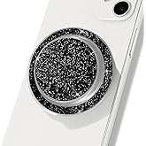 TTangrip Cell Phone Grip Compatible with Magsafe, Magnetic Black Glitter Clear Design Collapsible Mobile Phone Stand Holder for Smartphone and Tablets