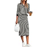 Glamaker Womens 2 Piece Skirt Sets Striped Sweater Dress Casual Polo Neck Knit Long Sleeve Midi Dresses Fall Fashion Outfits