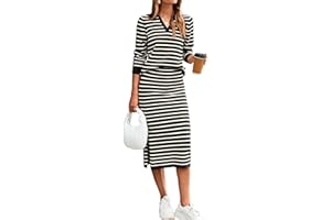 Glamaker Womens 2 Piece Skirt Sets Striped Sweater Dress Casual Polo Neck Knit Long Sleeve Midi Dresses Fall Fashion Outfits