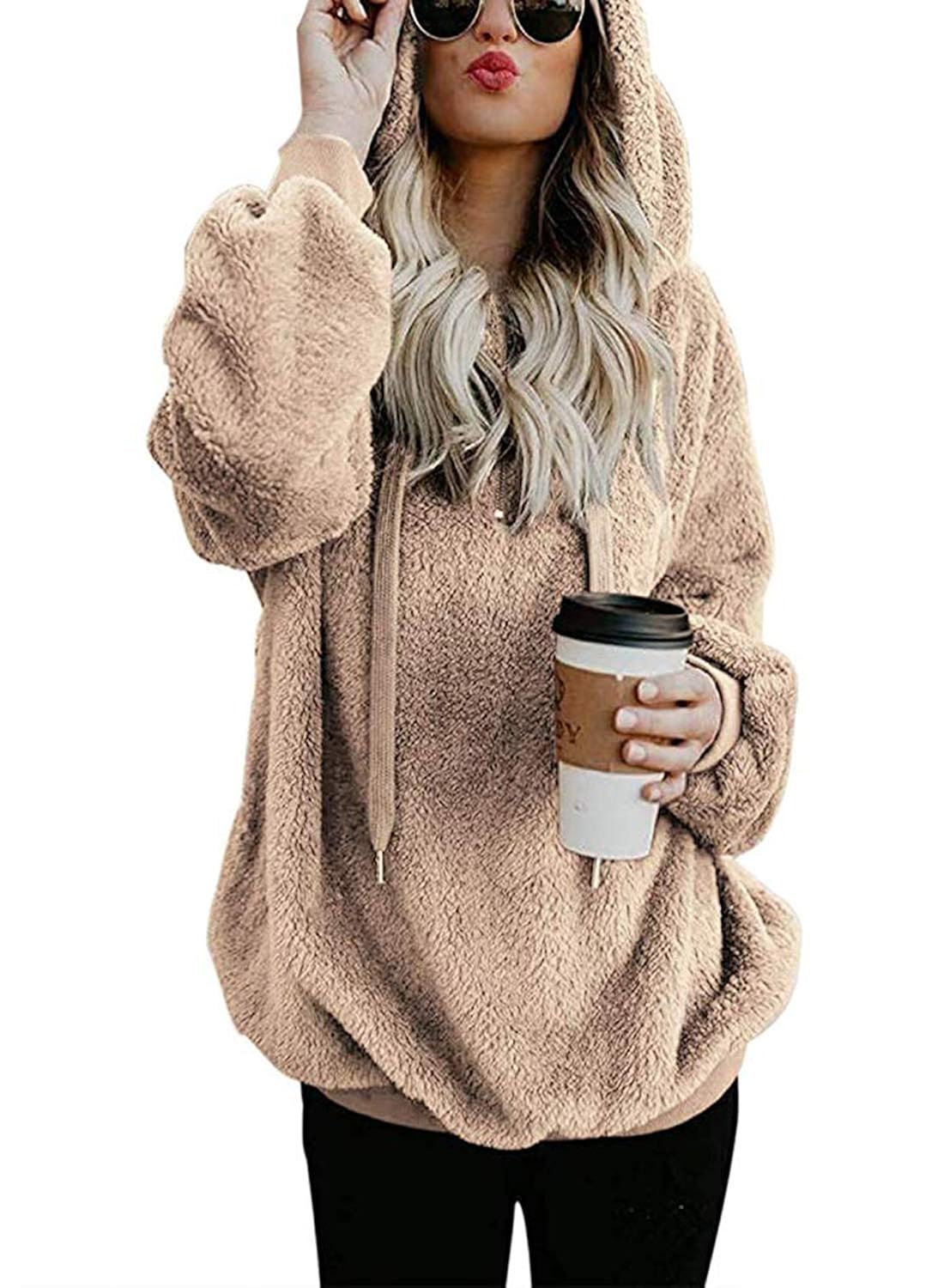 Buy AMAOKYTOP Womens Oversized Warm Double Fuzzy Hoodies Casual Loose