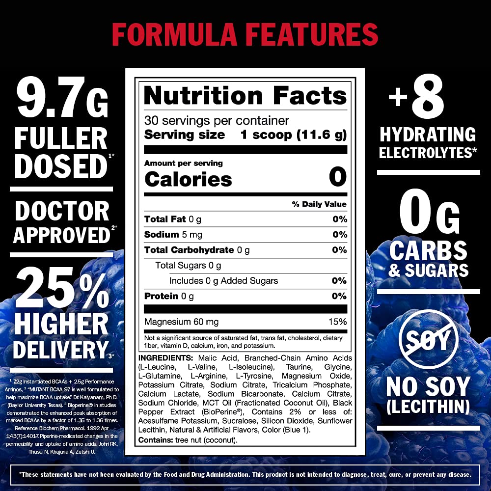 Mutant BCAA 9.7 Supplement BCAA Powder with Micronized Amino Energy Support Stack, 348g - Tropical Mango