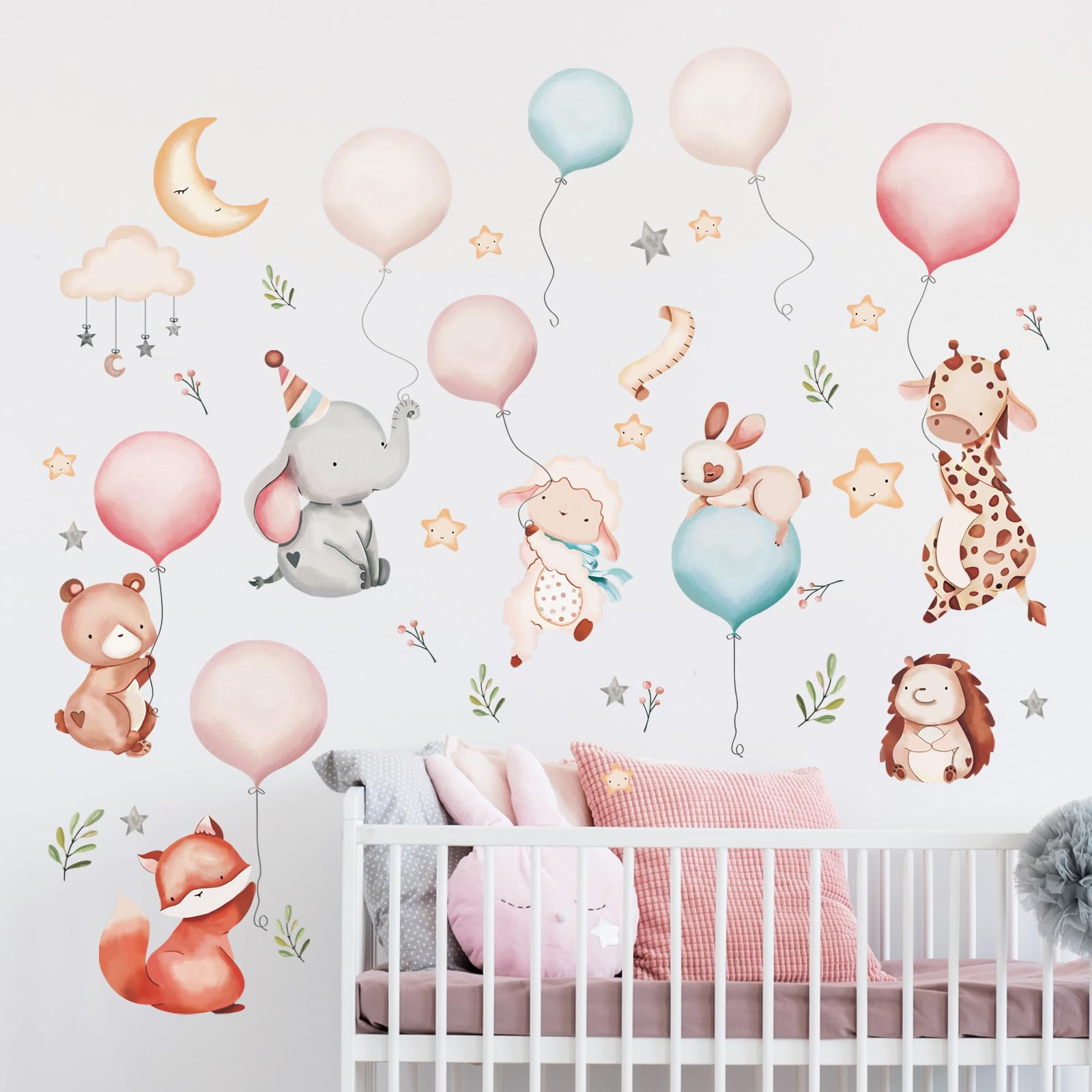 Tanlaby Cartoon Animal Wall Stickers Pink Blue Balloon Cloud Star Wall Decals Jungle Monkey Giraffe Bear Wall Art Sticker for Kids Baby Nursery Bedroom Playroom Living Room Wall Decor