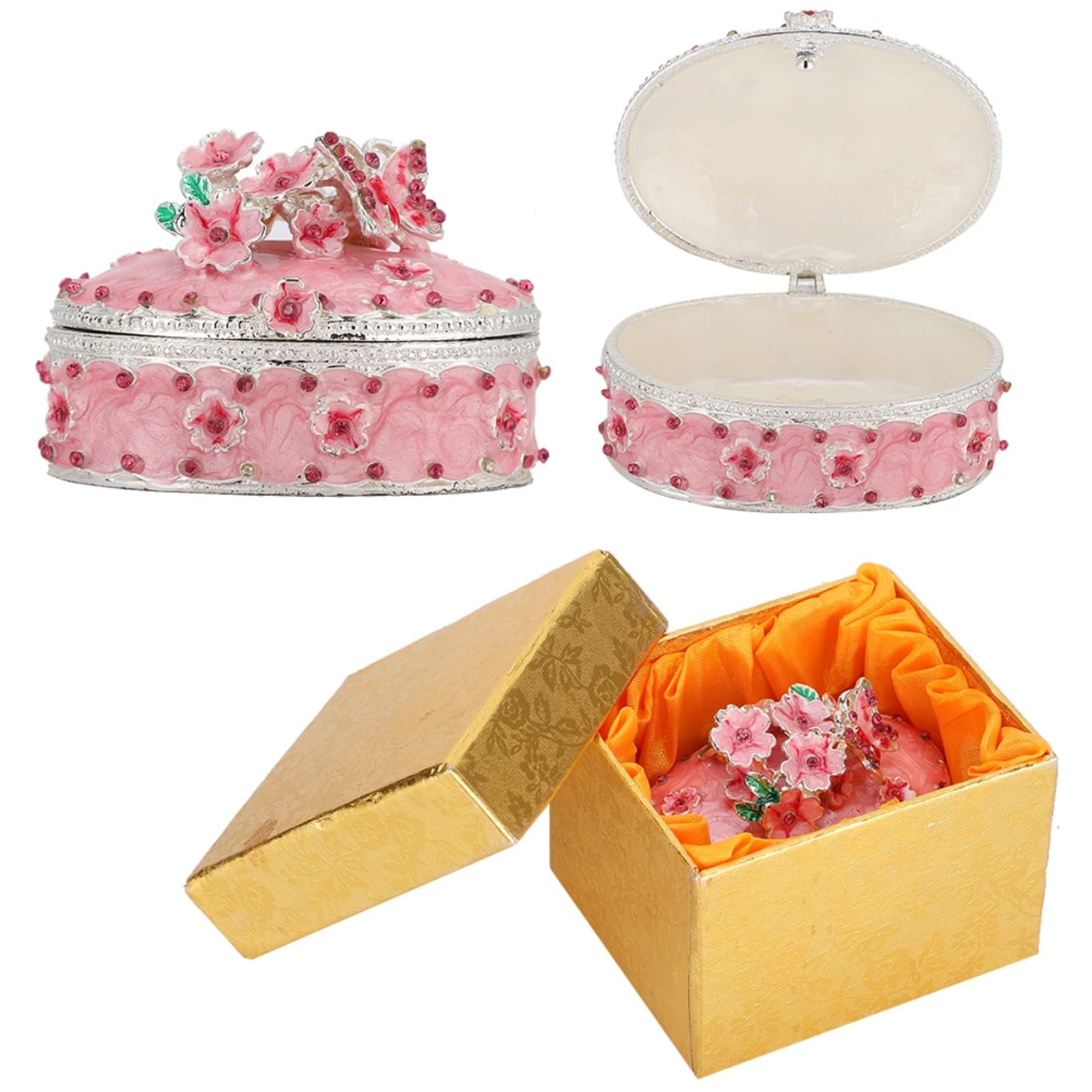 Agatige Jewellery Box for Girls, Cherry Blossoms Trinket Boxes Hinged Earring Ring Jewelry Travel Case Organizer with Pink Crystals Home Decor Accessories for Gift