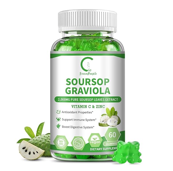 SOURSOP GRAVIOLA GUMMIES, SOURSOP LEAVES EXTRACT FOR ENERGY BOOST, DIGESTIVE & IMMUNE SUPPORT, ANTIOXIDANT PROPERTIES, PURE SOURSOP FRUIT GUMMIES, VEGAN, NON-GMO, 60 COUNTS