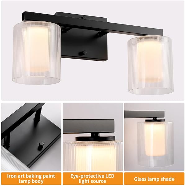 NWAPRH 2-LIGHT BATHROOM VANITY LIGHT, 15.75″ MATTE BLACK LED BATHROOM LIGHT FIXTURE WITH RIBBED GLASS SHADES, 3000K WARM WHITE WALL SCONCE, UP/DOWN MOUNT MODERN LIGHTING FOR MIRROR CABINET